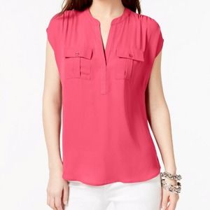 INC International Concepts Coral Pink Split-Neck Cap-Sleeve Blouse